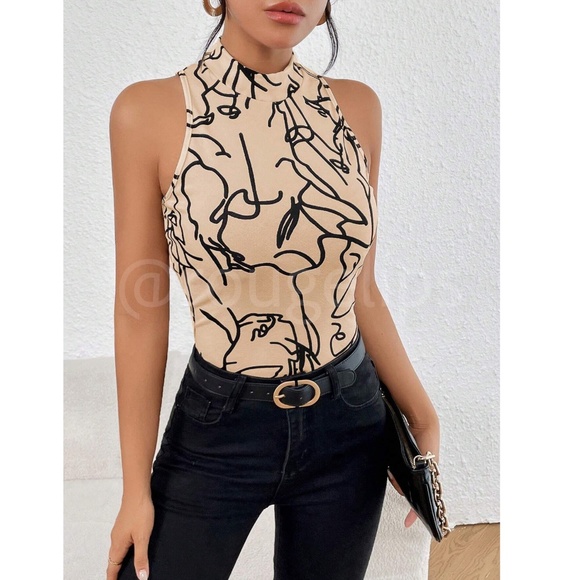 Abstract Face Print Beige Tan Sleeveless Top Slim Fit High Neck - Picture 2 of 7
